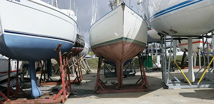 Sailboats in dry storage on cradles at Boulder Marina